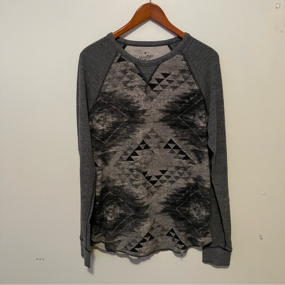 American Eagle Heritage Thermal Shirt Mens L Aztec Western Print Gray Pullover